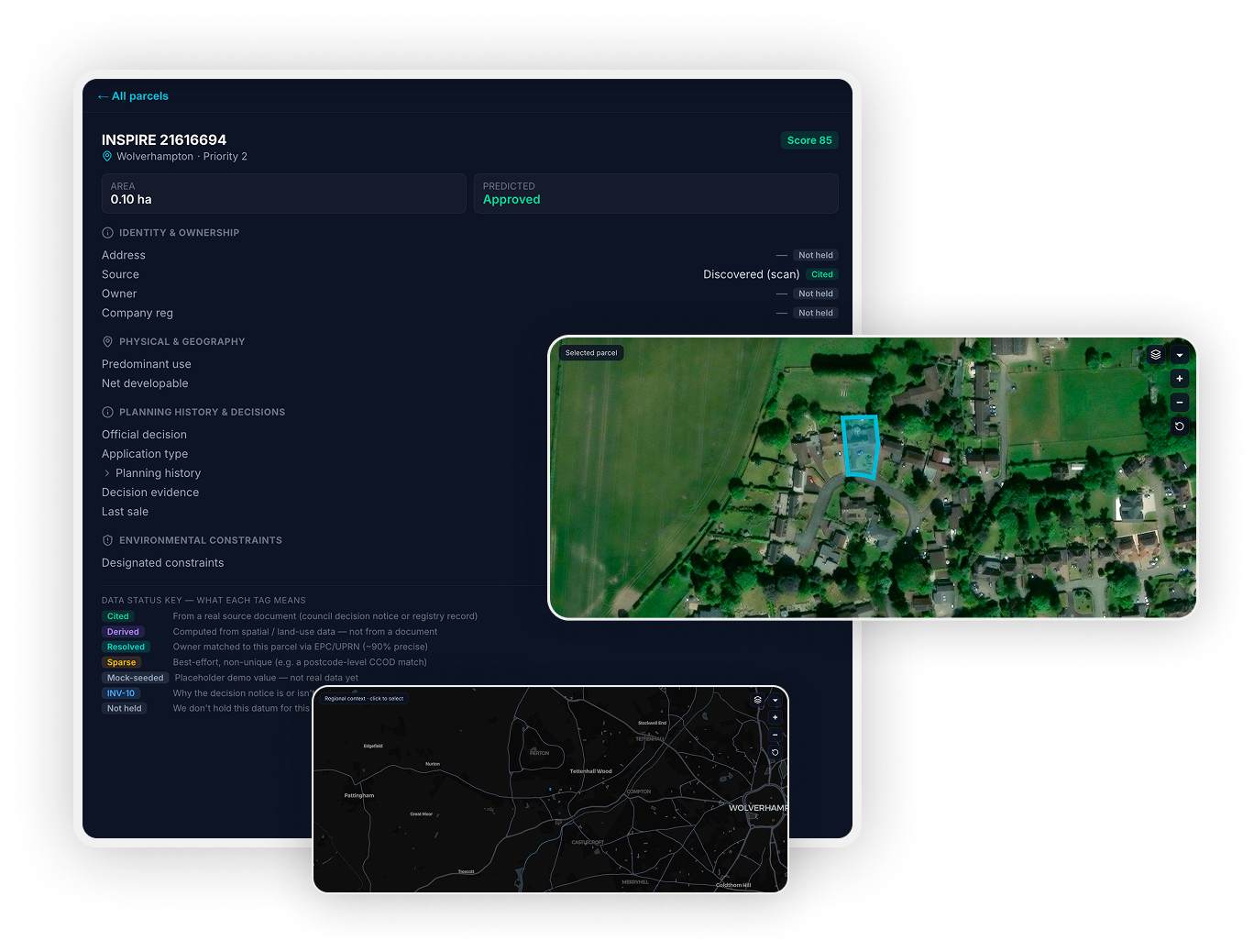 A parcel dossier in ClearPlot showing identity, planning history, constraints and its aerial and regional maps