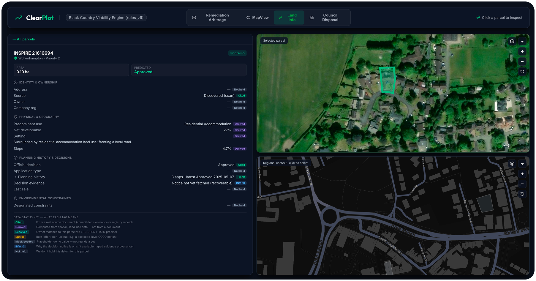 ClearPlot dashboard showing a parcel's planning, ownership and land data with maps