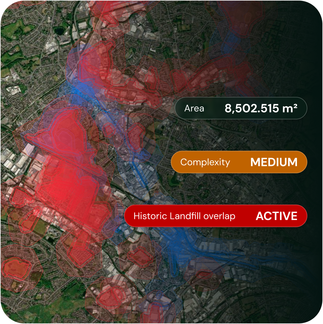 A parcel map showing area, complexity and a historic landfill overlap